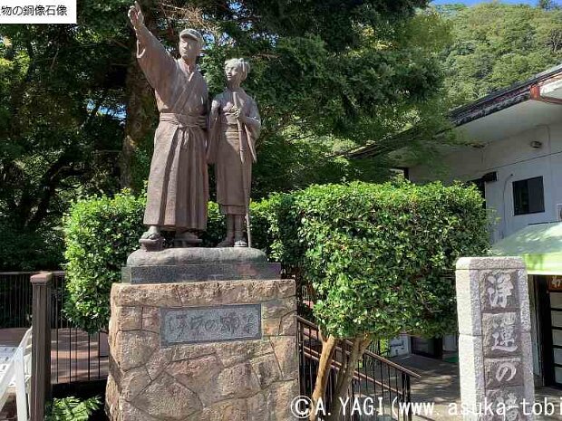 伊豆の踊子いずのおどりこ(静岡県伊豆市湯ケ島) 『伊豆の踊子』は川端康成の短編小説です。伊豆へ一人旅に来た青年が、旅の途中に旅芸人一座と道連れとなり、そこにいた踊子の少女に恋心を抱く物語です。